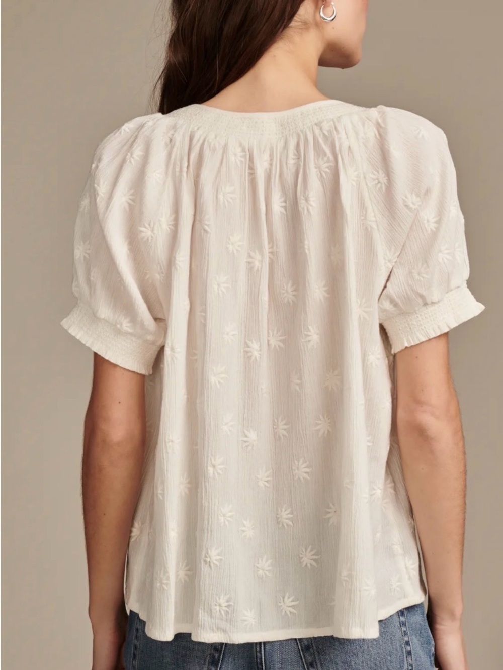 Lucky Brand White Embroidered Button-Front Short Sleeve Blouse - Picture 2 of 7